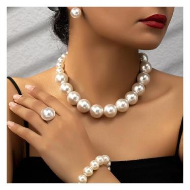 Imagem de Conjunto de joias de pérolas para mulheres, brincos de pérolas grandes, da moda, colares de pérolas grossas, joias de casamento para noiva, dama de honra, One Size, Metal, Sem Pedra Preciosa