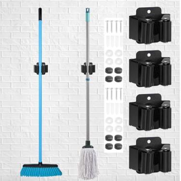 Imagem de Pacote com 4 suportes de vassoura, suporte de parede, suporte organizador de ferramentas de aço inoxidável resistente para ancinho, alças de pá, rack utilitário montado na parede com parafusos (preto)