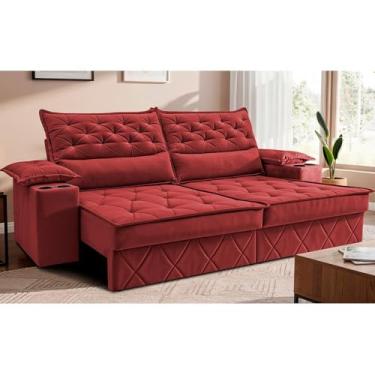 Imagem de Sofá Retrátil e Reclinável 2,40m com Porta Copos e Molas Cosmos Velusoft Vermelho Cama Inbox