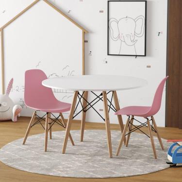 Imagem de Conjunto De Mesa Madeira Infantil Redondo Branco 2 Cadeiras Rosa
