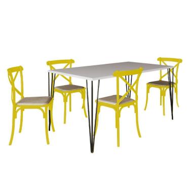 Imagem de Conjunto De Mesa Elen Retangular Tampo De Madeira 140X80Cm Branco Com 4 Cadeiras Katrina Amarela