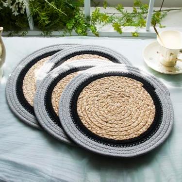 Imagem de Furnnylane Tapete trançado feito à mão, conjunto de 4, tapete redondo reversível, tapete de fibra natural durável para animais de estimação para sala de estar, sala de jantar, quarto, DT22003T