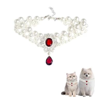 Imagem de Colar de pérolas para gatos, colares de strass para cães pequenos, acessórios para gatos, coleira de pérola (vermelho, PP)