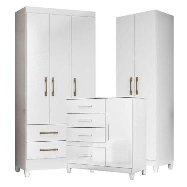 Imagem de Guarda Roupa Infantil Lima Com Cômoda Vênus Com Pés E Armário Multiuso New íris Branco Brilho - Moval