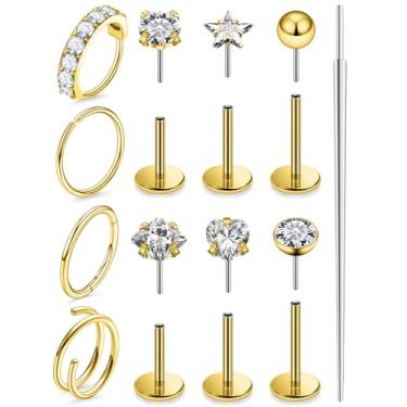 Imagem de Lsnevsie Brincos de aço inoxidável cirúrgico de zircônia cúbica transparente 20G com enchimento de ouro 14K e cartilagem de concha Tragus, Helix, argolas, piercing para mulheres e homens, calibre 20