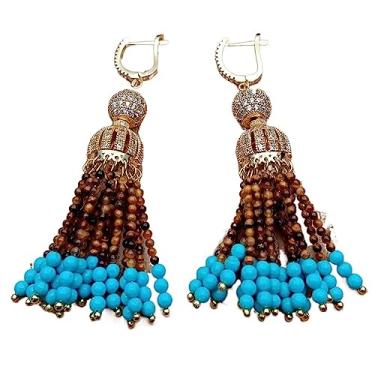 Imagem de Brincos redondos naturais naturais com olho de tigre azul turquesa zircônia cúbica banhada a ouro