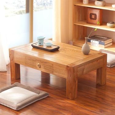 Imagem de Old Elm Wood Tatami Mesa de chá japonesa de madeira maciça, mesa de altar baixo para meditação, mesa de centro de tatame, mesa de chão de janela para sala de estar e varanda criativa (natural, 90 x 50