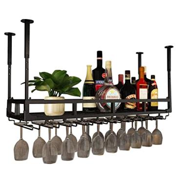 Imagem de Rack de vidro de vinho preto de teto, rack de vinho suspenso, 30-59,9 cm de altura ajustável armário de rack de vinho, suporte de garrafa de vinho de metal perfeito para bar Ckitchen/80 cm