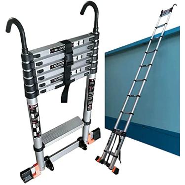 Imagem de OKUOKA Escada telescópica de alumínio com gancho destacável e barra estabilizadora, escadas telescópicas de extensão para 6 m/5 m/4 m/3 m/2 m RV/barraca de telhado/sótão, carga 200 kg (tamanho: 5,5 m