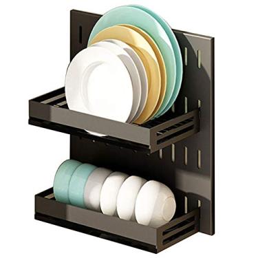 Imagem de JYXYXSCP Conjunto de escorredor de louça montado na parede com placa de drenagem, suporte para facas, talheres, suporte de toalha gancho móvel para rack de armazenamento de cozinha (estilo preto A)