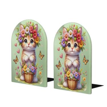 Imagem de Lindo gato flor grande suporte de livros de madeira decorativo antiderrapante resistente terminais de livros para escritório mesa de escritório casa biblioteca escola estudo decoração divisórias de
