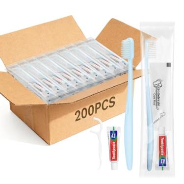 Imagem de Escovas de dentes descartáveis com pasta de dente, kit de escova de dentes para viagem, embalado individualmente, azul claro, com palhetas de fio dental, adequado para hotel, casa, acampamento