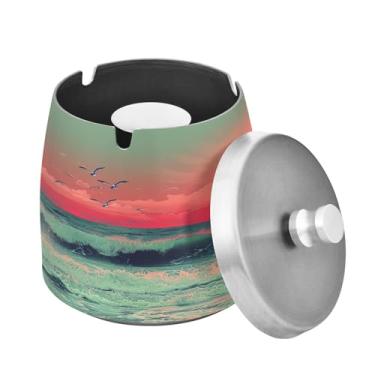 Imagem de Blueangle Cinzeiro de ondas de praia com tampa para cigarros, à prova de vento/chuva, aço inoxidável, sem fumaça, inodoro, cinzeiro para uso interno ou externo (421)