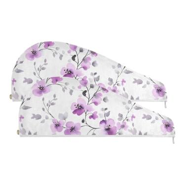 Imagem de SEHANY Toalha de cabelo de microfibra elegante flores roxas para mulheres 2 peças turbantes de cabelo de secagem rápida com botão, touca de cabelo seco absorvente toalha de secagem de cabelo para