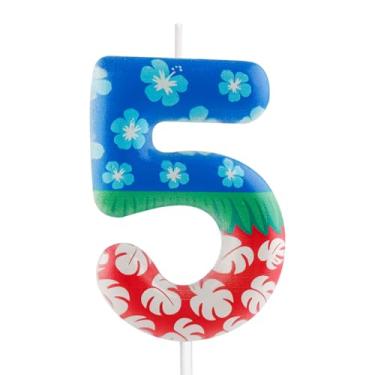 Imagem de Velas de aniversário do Havaí, 5 velas, flores e saias de grama número 5, enfeites de bolo de aniversário do Havaí, artigos de decoração de festa de aniversário
