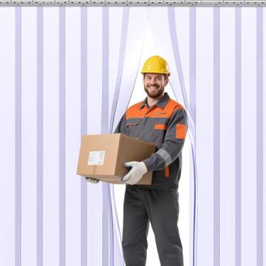 Imagem de AUURIO Cortina de porta de plástico, 213 cm de altura x 183 cm de largura x 0,2 cm de espessura, 12 peças de tiras de cortinas de congelador de porta de PVC lisas, cortinas de plástico isolantes para