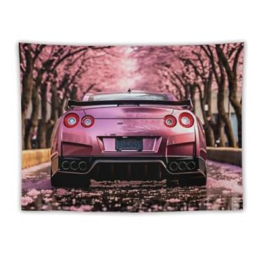Imagem de HouLaiZhe Tapeçaria de carro rosa R35 flores de cerejeira romântico pendurar na parede quarto decoração de casa tapeçarias estética piquenique decoração de parede arte de parede para dormitório sala