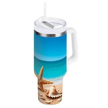 Imagem de Kigai Copo térmico de 1,134 g com alça, estrela do mar e conchas de praia com tampa e canudo, garrafa de água esportiva de metal grande, caneca de café de viagem de aço inoxidável