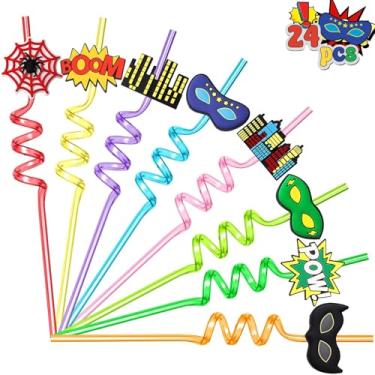 Imagem de AFZMON 24 canudos de festa de heróis a granel, canudos de heróis de plástico para lembrancinhas de festa infantis, sacolas de brindes, decorações de aniversário, suprimentos para presentes