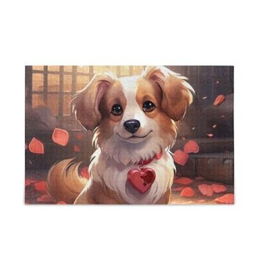 Imagem de Quebra-cabeça de 500 peças, um cachorro com coração e rosas, composto de papel e madeira para homens com bolsa de armazenamento