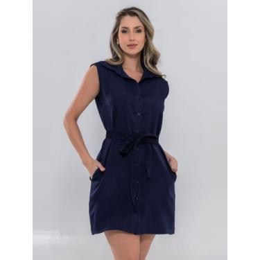 Imagem de Vestido Chemise Alfaiataria Azul Marinho Regata Com botões E Cinto - F