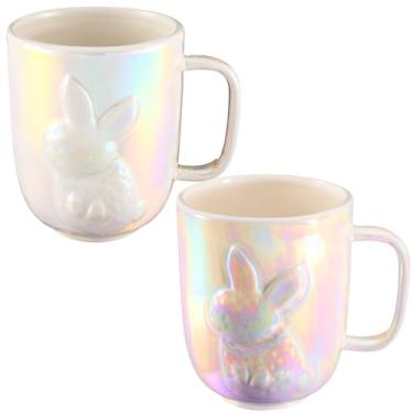 Imagem de GlikCeil 2 peças de caneca de cerâmica coelhinho da Páscoa 340 g Coelho mini caneca de café fofa 3D relevo coelho padrão primavera Páscoa xícara de chá bandeja em camadas decoração para mesa de