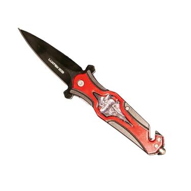 Imagem de Canivete Tático Dobrável com Lâmina em Metal Vermelho, Design Compacto com Cabo Decorativo, 22,5cm Aberto com Bainha Inclusa