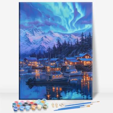 Imagem de HUINORYA Ketchikan Harbor Alaska Tela emoldurada DIY Kit de pintura por números bar café caverna sala de casa parede banheiro varanda pátio decoração presente, 40,6 x 30,5 cm