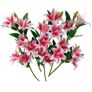 Imagem de ATFL Flores de lírios artificiais, 9 peças de flores de lírio falsas, ramos de lírio de tigre de 40 cm com 2 flores completas e 1 botão, plantas falsas de lírios falsos para arranjos florais de buquê