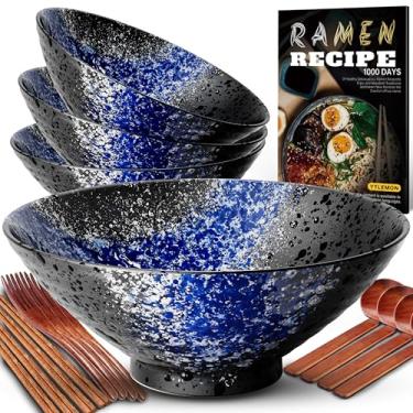 Imagem de Conjunto de 4 tigelas de cerâmica para ramen de 20 cm (17 peças) - Porcelana Japonesa Salada Noodles Cereais Frutas Massa Sopa Tigelas Grandes com Receitas, Pauzinhos, Garfos, Colheres, Presente para