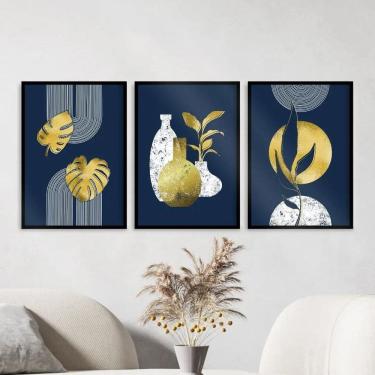 Imagem de Kit 3 Quadros Abstratos Azul e Dourado 45x34cm