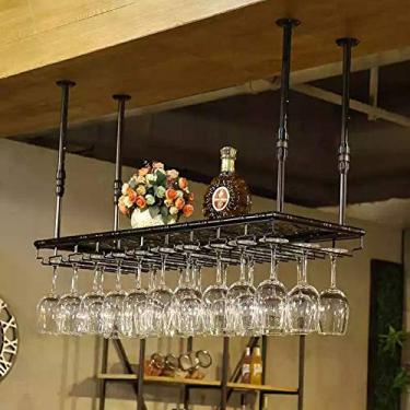 Imagem de Cremalheira de vinho preta para teto | Suporte de copo de vinho pendurado | Suporte de garrafa de vinho vintage | Suporte de vinho montado na parede | Suporte de taças | Altura ajustável - Montagem