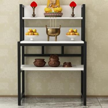 Imagem de Mesa de oferta do Santuário de Buda - Altar de meditação branco com estátua de Buda, suporte de incenso e armazenamento, 80 cm/31,5 pol para decoração de varanda de casa e práticas espirituais