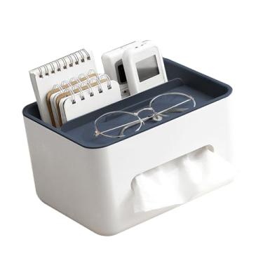 Imagem de KIMISS Caixa de Tecido Capa Retangular Multifuncional Porta Guardanapo Com Organizador Controle Remoto para Sala Estar e Escritório (Tampa Base Azul Branca)