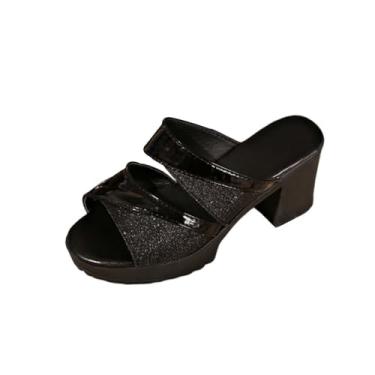 Imagem de Salto alto feminino de paetê, bico redondo, com design de bico aberto, salto grosso para uso glamoroso, Preto, 38