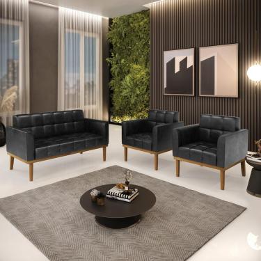 Imagem de Conjunto 2 Poltronas e 1 Namoradeira Decorativa Karen Pés Fixo em Madeira Castanho PU Preto Brilho G19 - Gran Belo