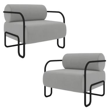 Imagem de Kit 2 Poltronas Decorativas Sala de Estar Polatsk Base Industrial de Ferro Veludo Cinza Claro G33 - Gran Belo