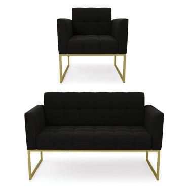 Imagem de Kit 1 Sofá Namoradeira E 1 Poltrona Suede Base Metálica Industrial Dourado - D\'rossi Cor Preto