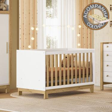 Imagem de Berço Mini Cama Qencanto Slim 4315 Branco com Grade Freijó Qmovi + Colchão Gazin