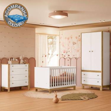 Imagem de Quarto de Bebê Completo com Berço Slim Cômoda e Roupeiro Flora Branco Qmovi + Colchão Ortobom