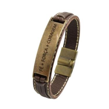 Imagem de Pulseira de Couro Magnética Fé Força Coragem Marrom Ouro Velho - GRANA