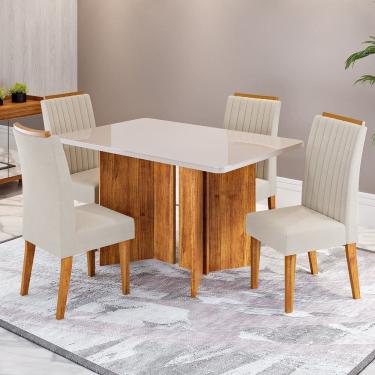 Imagem de Conjunto Sala de Jantar 4 Lugares Retangular Tampo de Vidro e Mdf Zambrone Mel/Off White/Bege