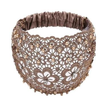 Imagem de Tiara Feminina Estilo Boêmio Cáqui Com Pérolas Falsas E Flores Vazadas