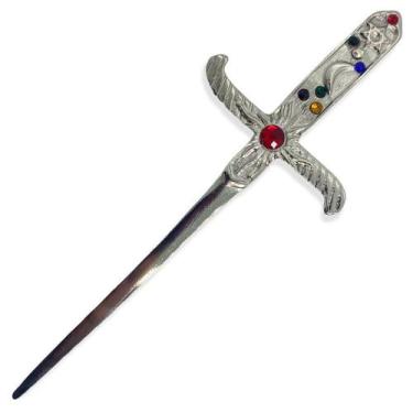 Imagem de Punhal Metal Prata Brilhante Com Pedras Coloridas e Strass - Lua Misti