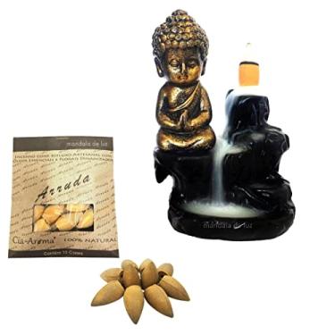 Imagem de Combo Incensário Cascata Buda Dourado e Preto 12cm + Incenso Cone Arruda