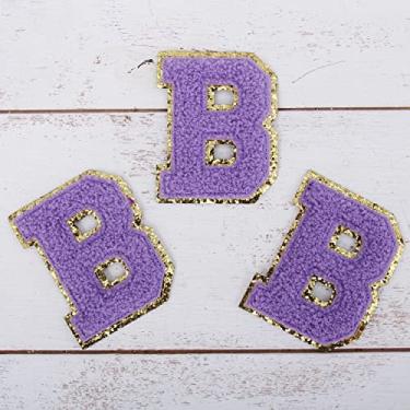 Imagem de Pacote com 3 adesivos de chenille ferro sobre glitter universitário letra "B" - Tecido de chenille lavanda com acabamento dourado - Costurar ou passar - 5,5 cm de altura