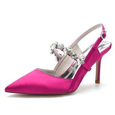 Imagem de Sapato feminino bico fino de casamento com strass Mary Jane salto para festa formatura cetim Slingback, rosa, 9.5