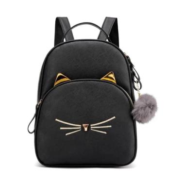 Imagem de Mochila feminina couro PU bonito desenho animado gato mochilas escolares para adolescentes meninas mochila feminina bolsa de viagem bolsas, Preto