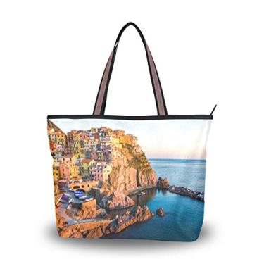 Imagem de Bolsa de ombro My Daily feminina com estampa de paisagem da costa marinha da Itália, Multi, Large