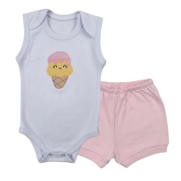 Imagem de Conjunto Body Regata Bordado Sorvetinho e Short Tapa Fralda - Roupa Bebê Menina-Feminino